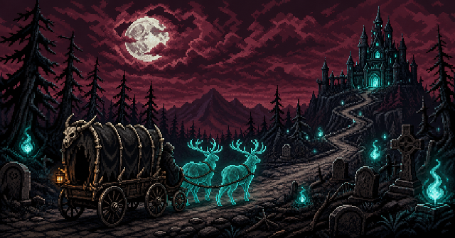 Pixel-art bone caravan approaching the Last Lantern